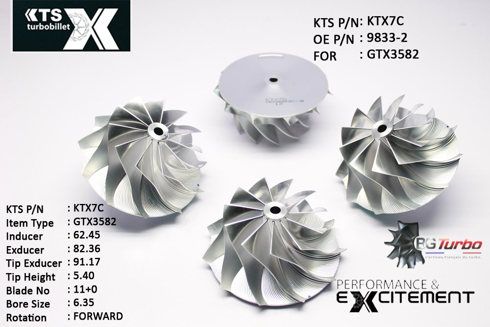 Turbo ROUE FORGÉE MFS PERFORMANCE - 11+0 PALES - INDUCER : 62,45 - EXDUCER : 82,36 - TYPE : GTX3582ANGLE : 60° - ROTATION : Forward - SUPER BACK : 2,3497 - BORE SIZE : 6,35
